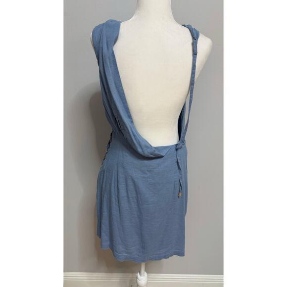 Free People NWT A Little Extra Mini Dress Medium light blue open back $68 linen - Picture 3 of 6